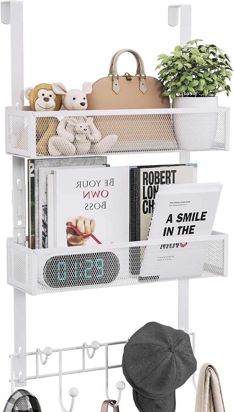 Consumest Over The Door Organizer Hooks, Door Hanger with 9 Coat Hooks & 2 Mesh Basket, Rustproof Back Storage Organizer for Bathroom, Kitchen, Bedroom-White (for 1.76in Doors) - Image 1